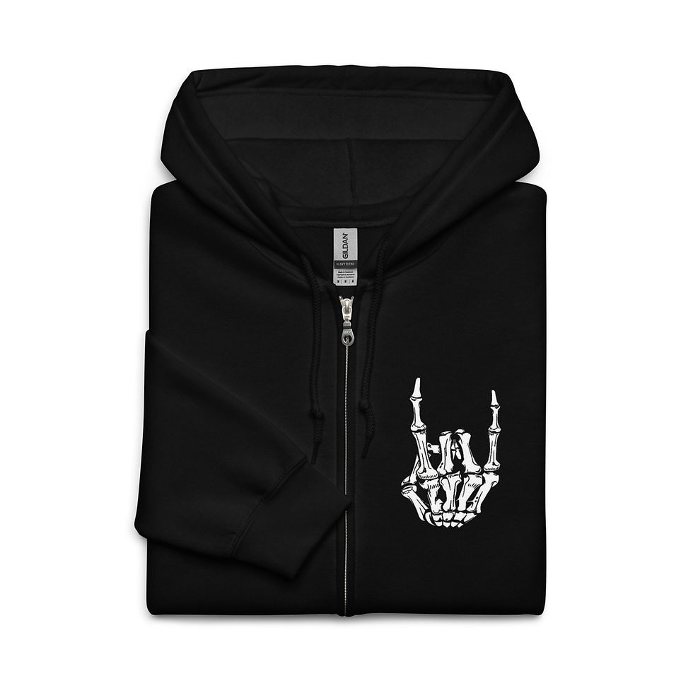 Thumbnail: Metalhead Unisex Zip Hoodie schwarz, mit Rückenprint "Metalhead" und Knochenhand