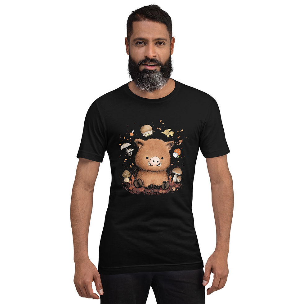 Miniaturbild: Wildschwein mit Pilzen Unisex t-shirt, Tiny Woodys Fanshirt