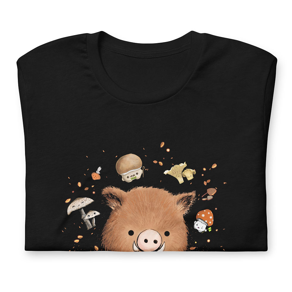 Miniaturbild: Wildschwein mit Pilzen Unisex t-shirt, Tiny Woodys Fanshirt