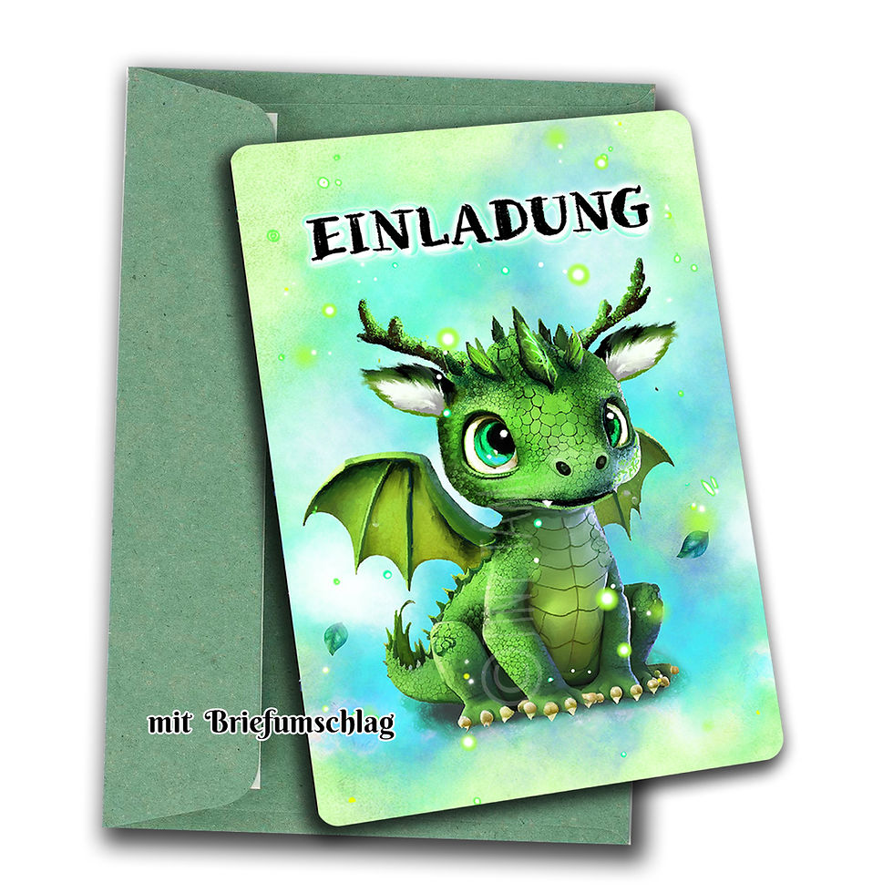 Thumbnail: 1 oder 5 Einladungskarten mit grünem Drachen Postkarte optional mit Umschlag
