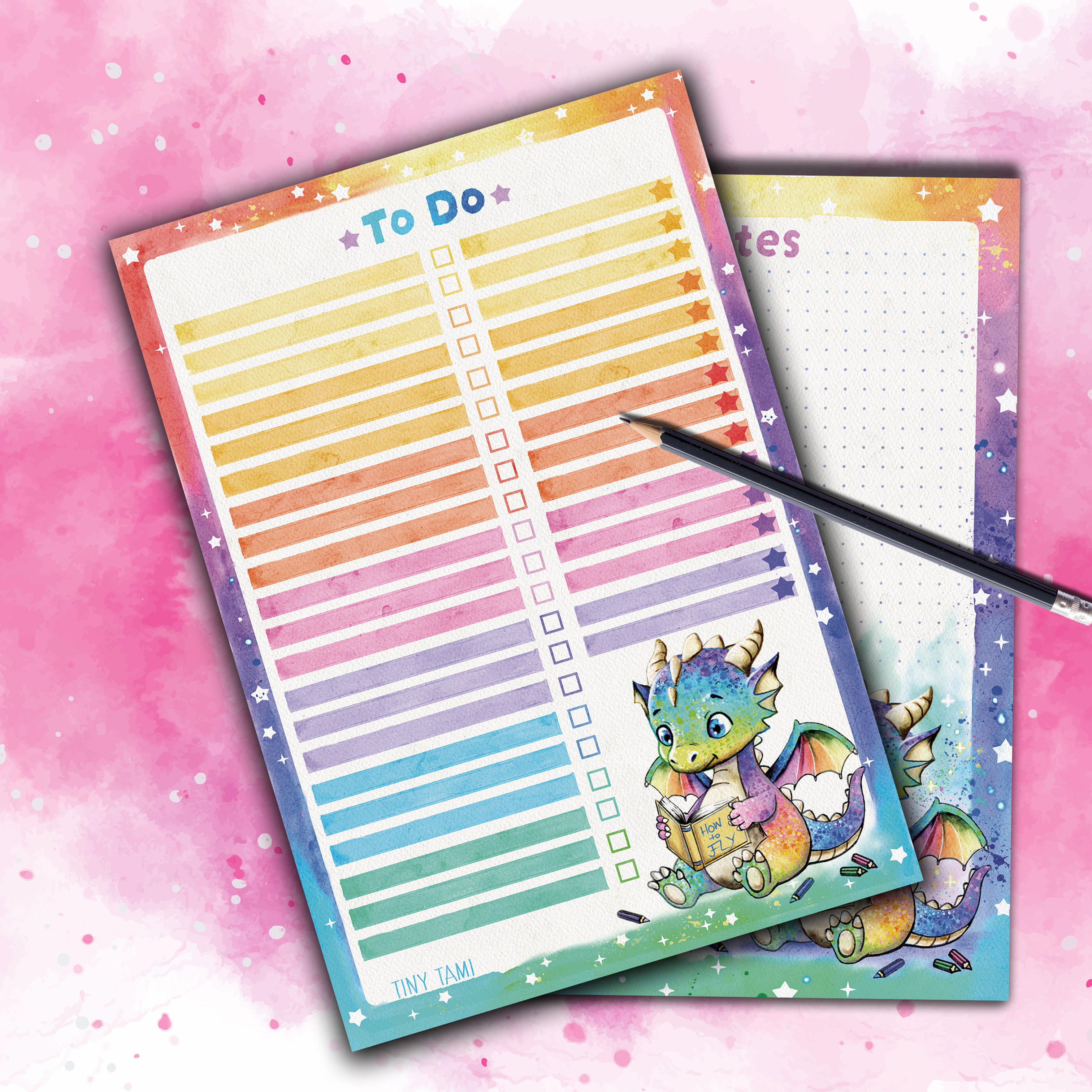 Regenbogen Drache To Do Liste und Notizblock beidseitig bedruckt
