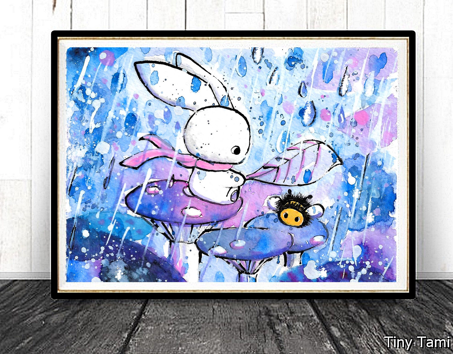 Tami Häschen rettet Hummel vor Regen, Aquarell Poster, süß, Kinderzimmer