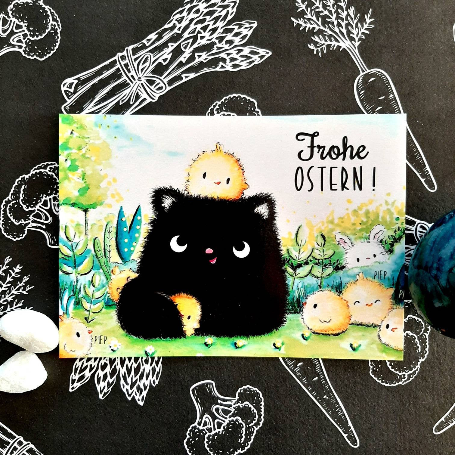 Osterpostkarte mit Kater Moo und Kücken, Frohe Oster