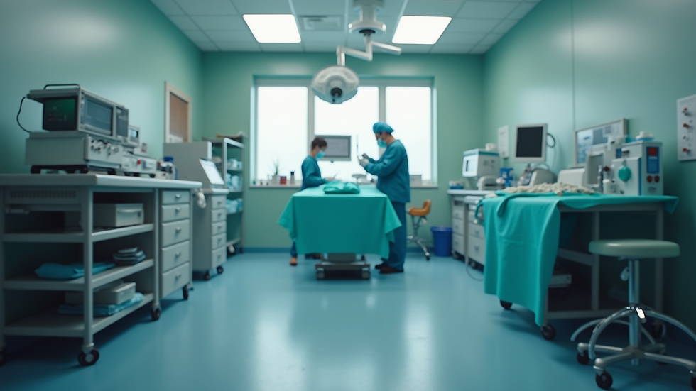 Eye-level view of a veterinary surgical room with equipment ready for operation