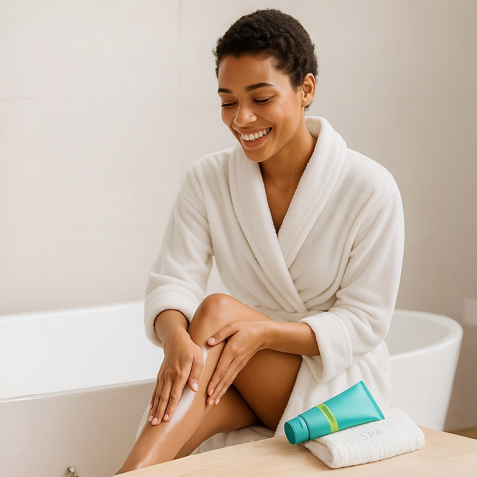 Miniaturbild: „Glückliche Frau nach dem Duschen trägt die doTERRA Hand & Bodylotion 200 ml Trio-Edition auf ihre Beine auf – pflegende Natu