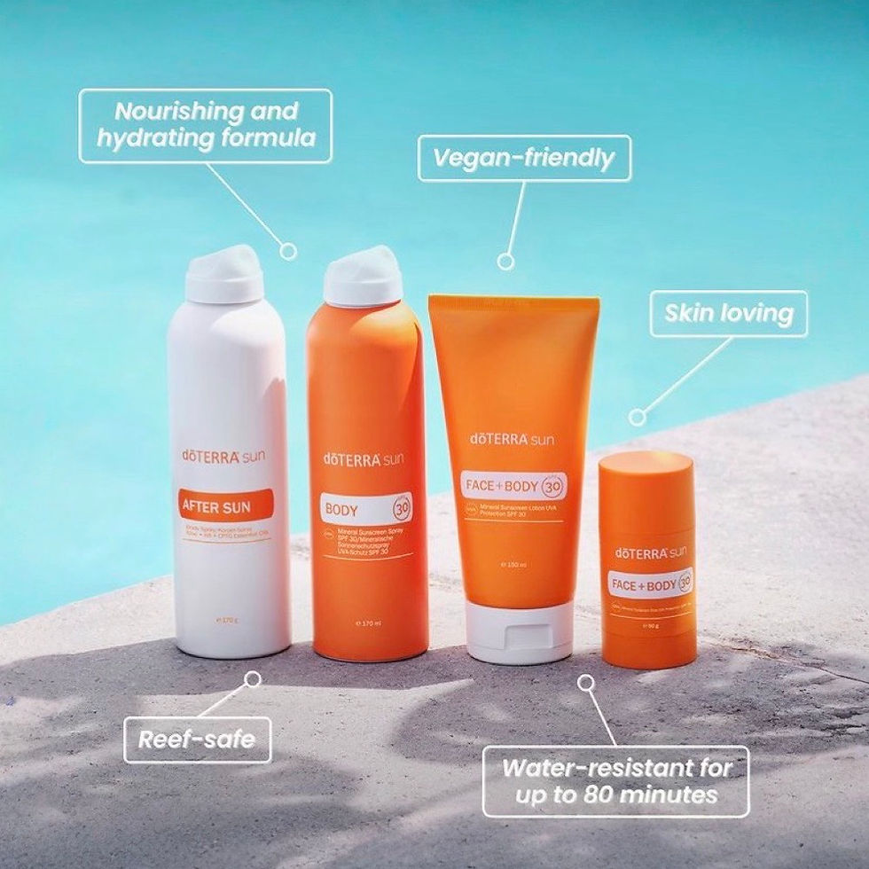 Miniaturbild: doTERRA Sun Produktlinie am Pool – After Sun Spray, Body Spray SPF 30, Face+Body Creme SPF 30 und Sonnenschutz Stick, präsent