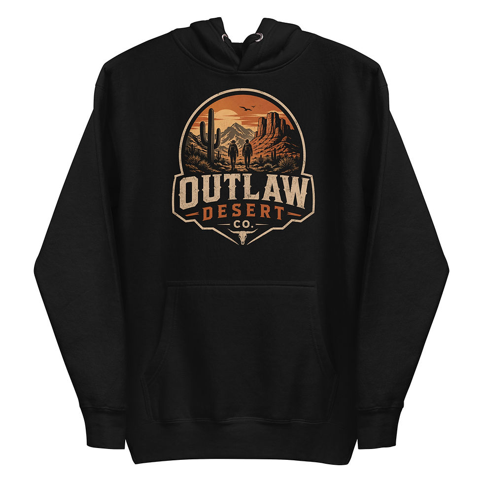 Black unisex hoodie with Outlaw Desert Co. graphic