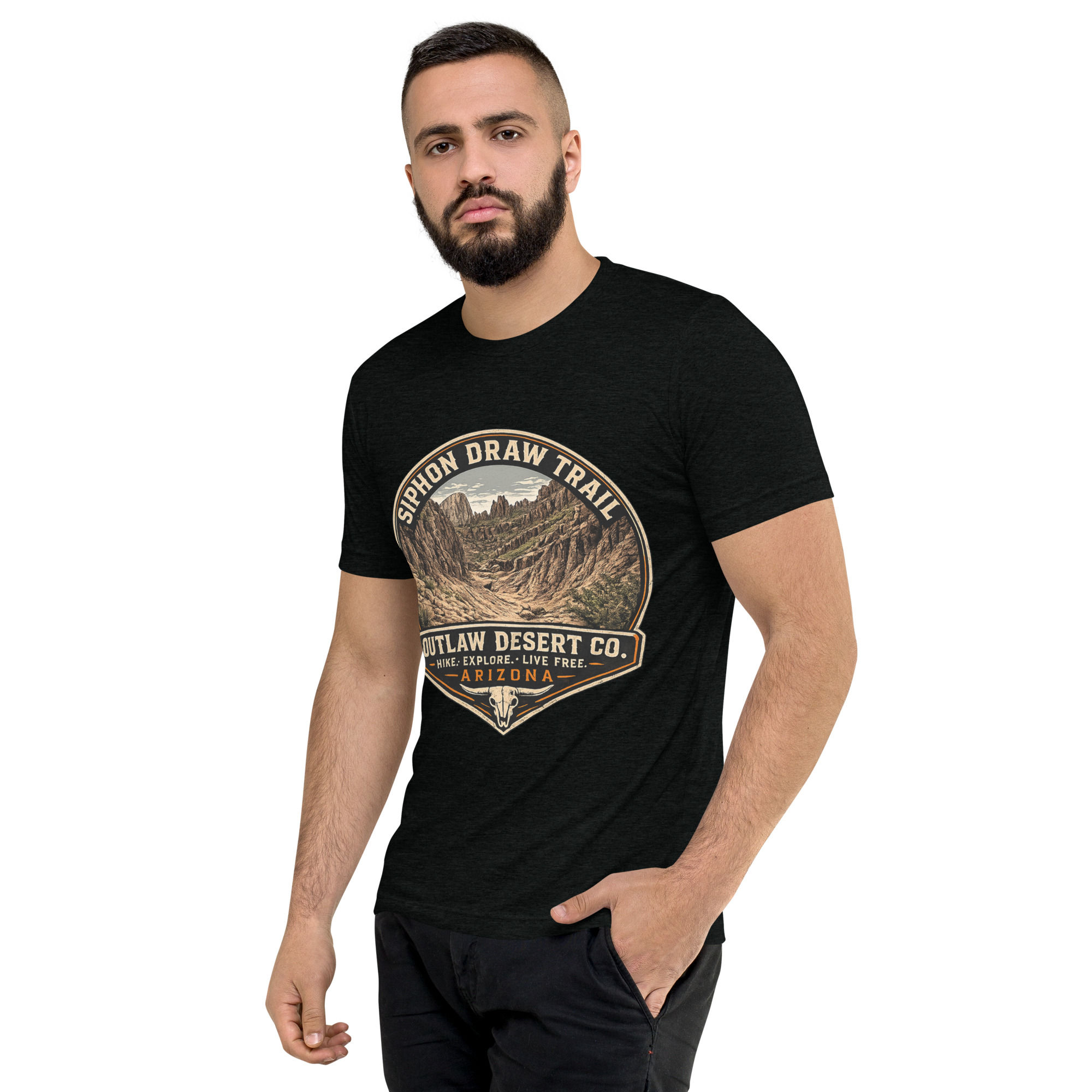 Man wearing black t-shirt with 'Dream Trail AZ Desert Co' graphic