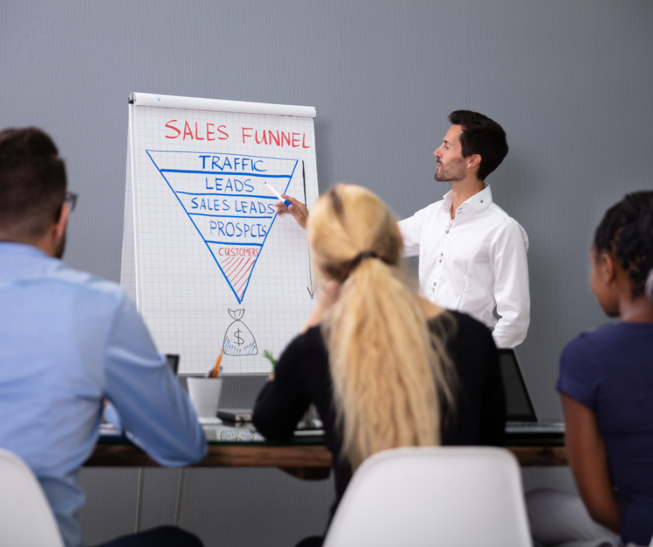 A group of people in an offer looking at a flipchart which shows a sales funnel