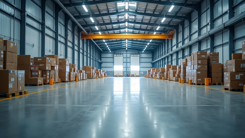 Eye-level view of a large PEZA warehouse facility with loading docks