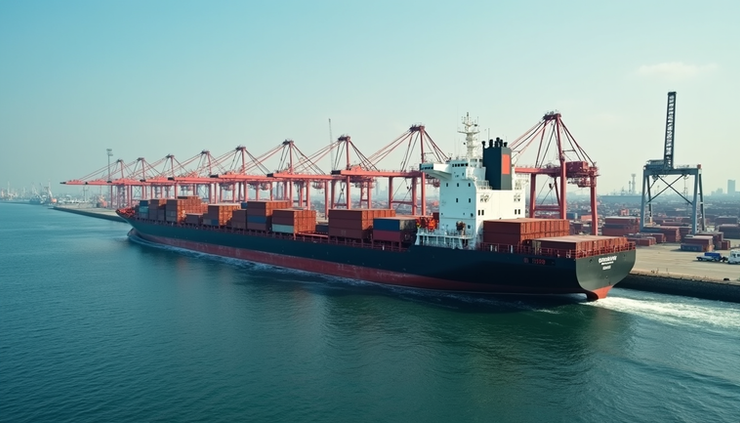 Eye-level view of a large cargo ship docked at a busy international port