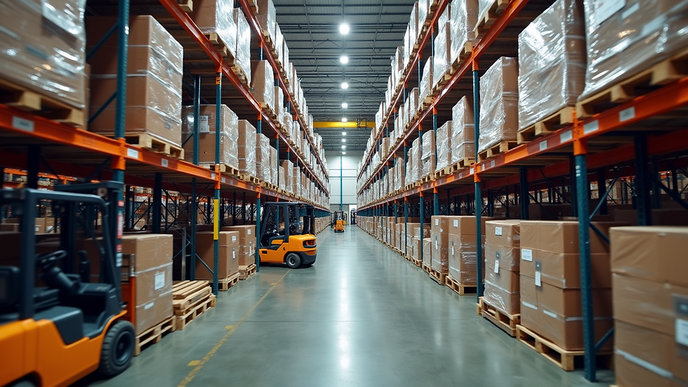 High angle view of a PEZA warehouse interior with organized pallets and forklifts