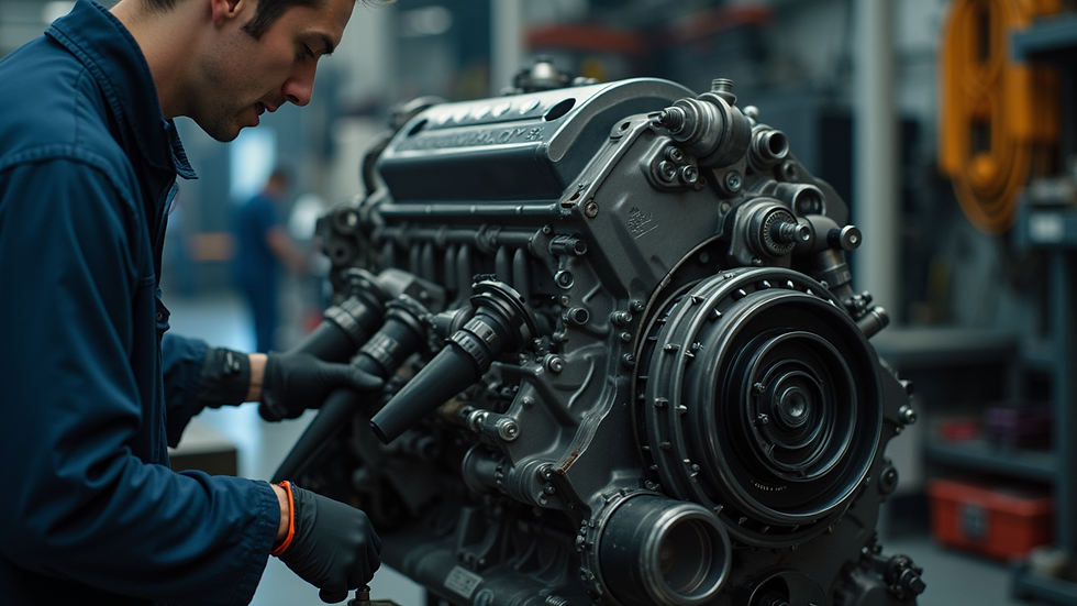Close-up view of a diesel engine being repaired in a workshop