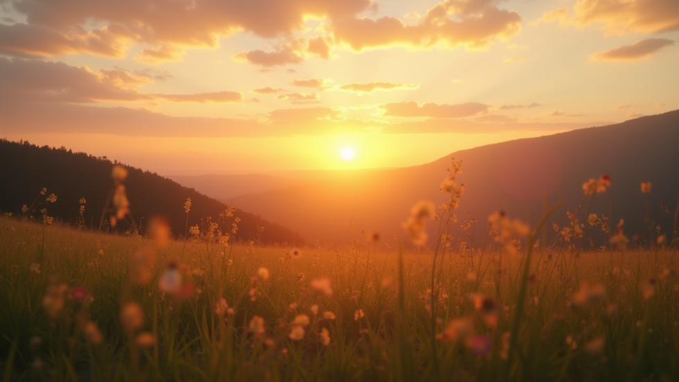 Eye-level view of a serene landscape with a sunrise illuminating the horizon