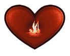 Red stylized heart with burning candle at center.