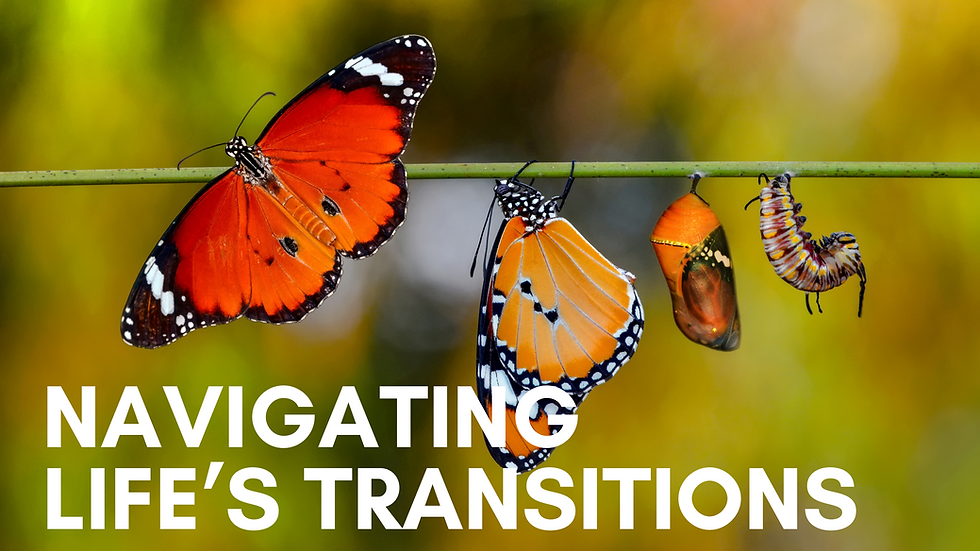 A caterpillar transitioning to a butterfly with a peaceful natural backdrop, symbolizing guidance through faith and grace during life's transitions.