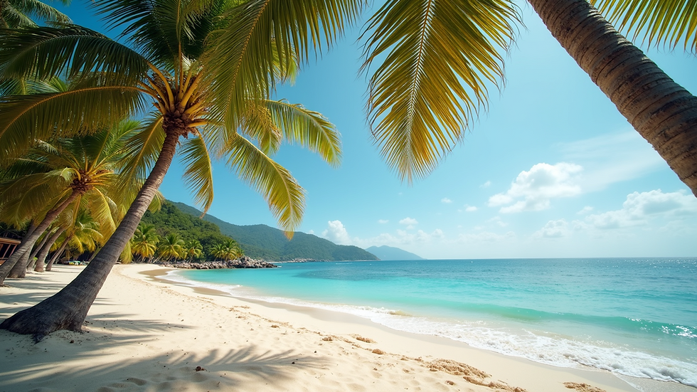 Eye-level view of a tropical beach with palm trees