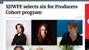 SJIWFF selects six for Producers Cohort program above portraits of women on white, black, and blue backgrounds.