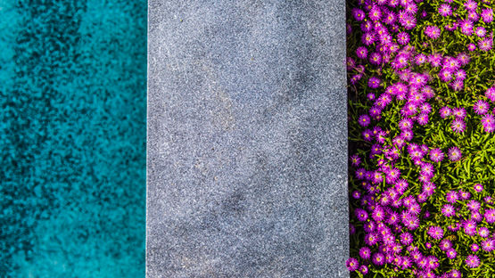 Aerial photo showing a top-down view of blue water, grey stone path, and vibrant purple foliage in perfect alignment, captured by Sydney Commercial Photography.