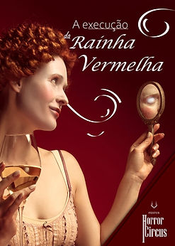 Mulher ruiva segungando uma taça de vinho na mão esquerda e um espelho na mão direita