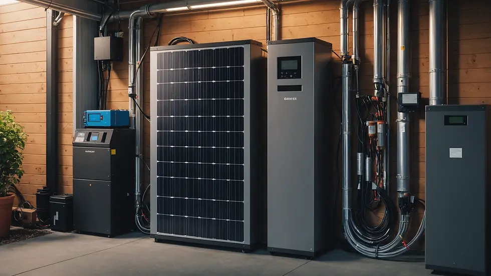 Close-up view of a solar battery system installed in a home garage