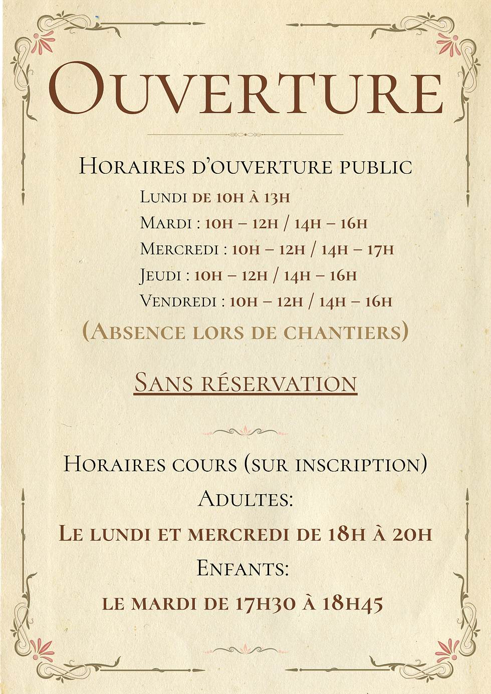 Ouverture ATELIER FLOMONT- Horaires