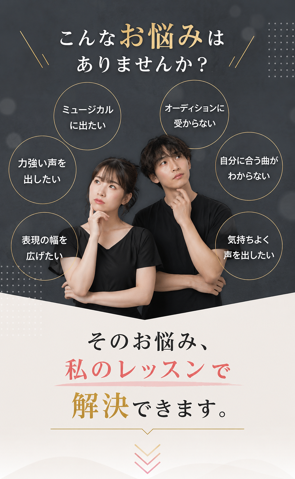 ボイトレの悩み
ミュージカルに出たい
オーディションに受からない
力強い声を出したい