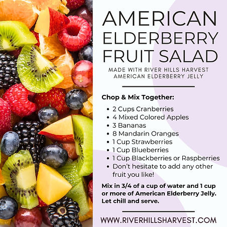 Recipe image for an elderberry fruit salad by River Hills Harvest.