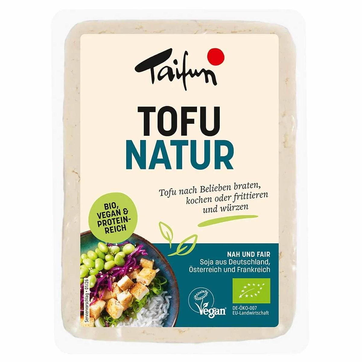 Packung Tofu Natur 200 g – naturbelassener Tofu in rechteckiger Form, hellbeige, in transparenter Verpackung