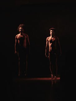 “Alexandre Roiz e Ricard@ Alvarenga em cena ao final do espetáculo ‘O Corpo Poderia Se Chamar Aqui’, saltando nus, em Uberlândia (MG).”