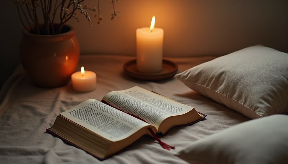 Close-up view of a prayer corner with candles and Bible