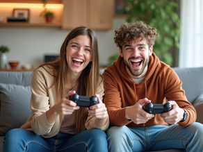 Man and female playing video games together on the couch