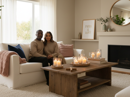 Eye-level view of a cozy couple’s living room with candles and soft lighting