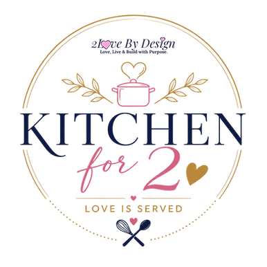 Black circular kitchen logo with gold leaves, pink pot and hearts, and text: Love By Design, Kitchen for 2, Love is Served.
