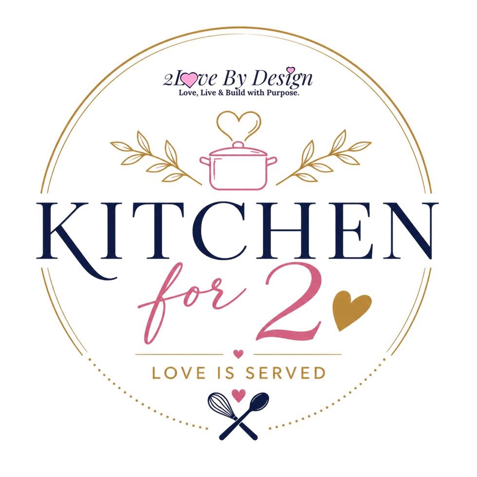 Black circular kitchen logo with gold leaves, pink pot and hearts, and text: Love By Design, Kitchen for 2, Love is Served.