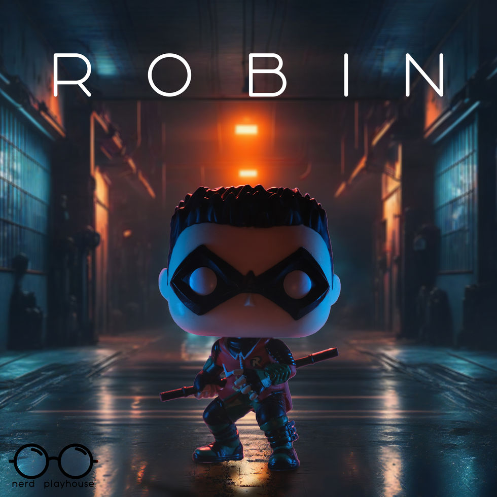 Creative toy photography of Funko POP Robin standing in a dark, wet hallway.