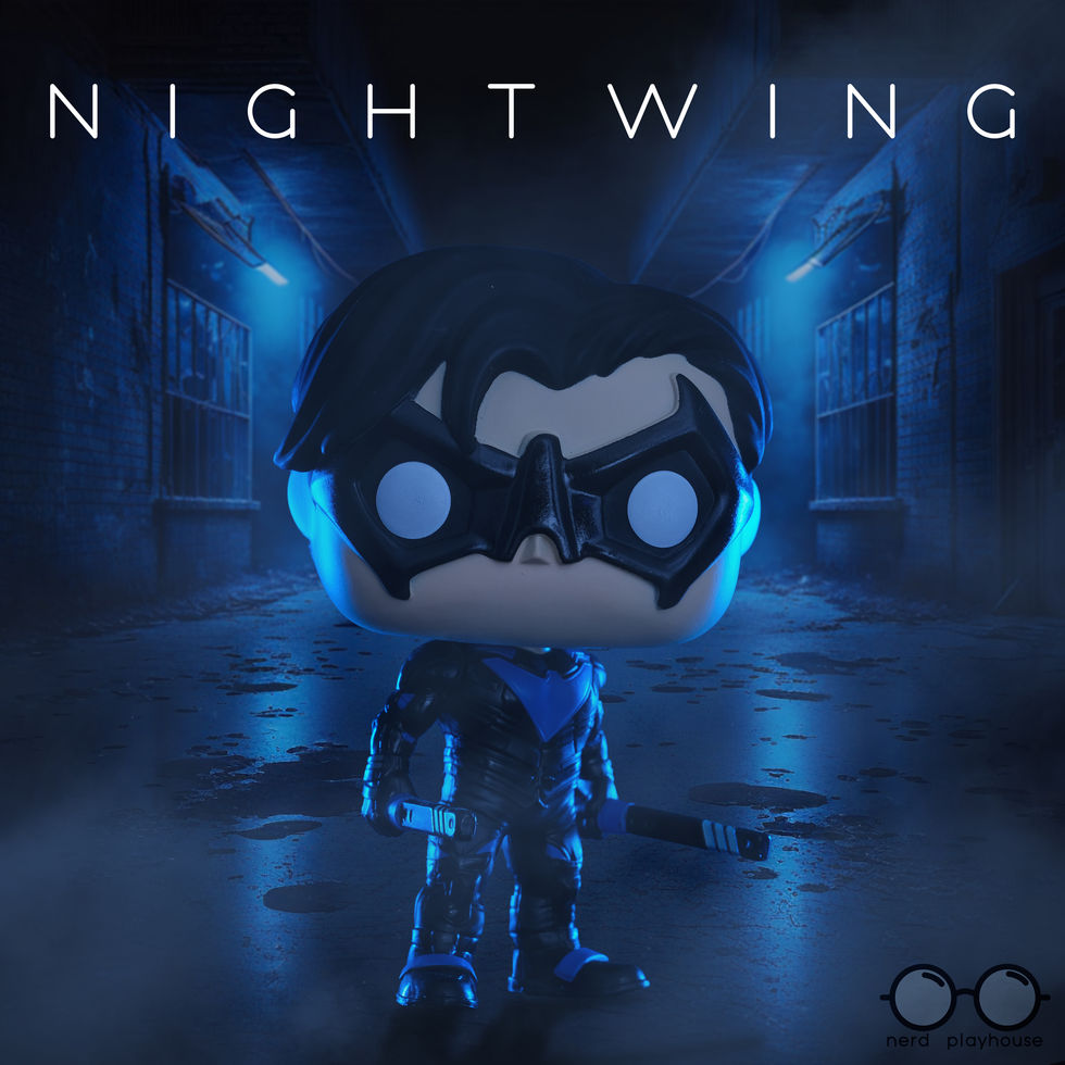 Creative toy photography of Funko POP Nightwing standing in a dark, wet alley.