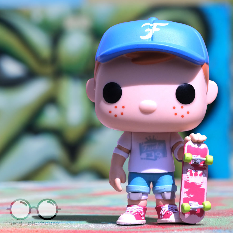 Creative toy photography of Funko POP Skater Freddy Funko at Graffiti Yard in Palm Springs.