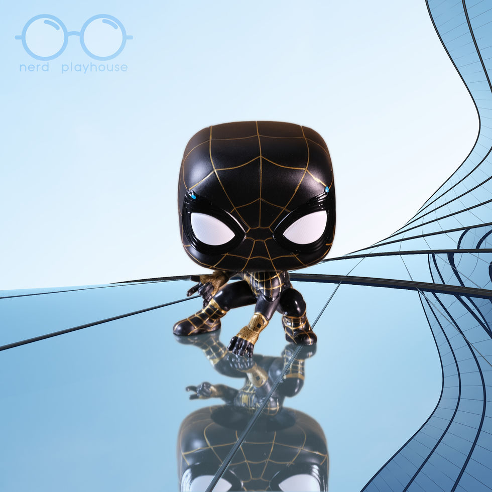 Creative toy photography of Funko POP Spider-Man wearing the inside out suit from No Way Home