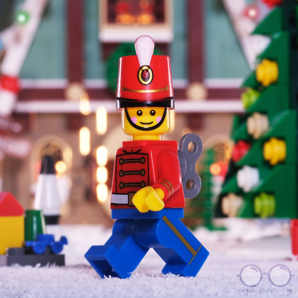 Creative photography of the LEGO Toy Soldier minifig marching in a festive setting