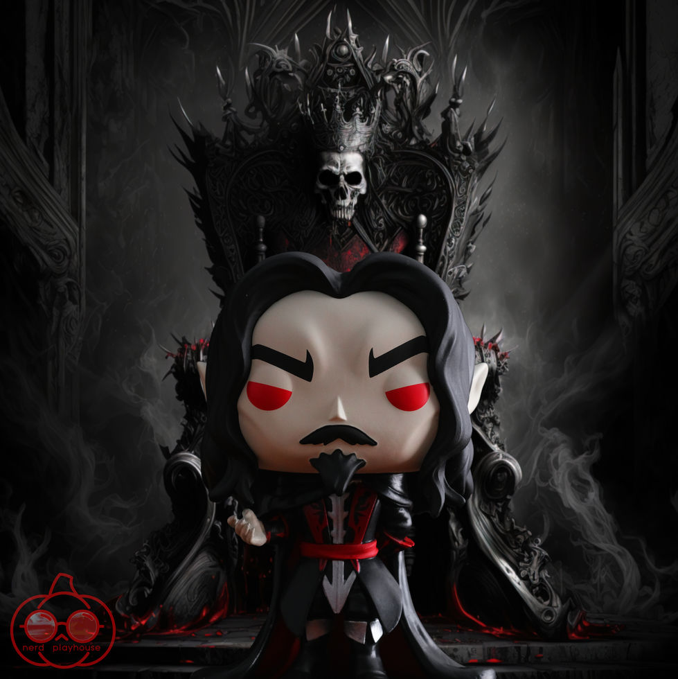Creative toy photography of Funko POP Vlad Dracula Tepes standing in front of a black throne with a skull on it.