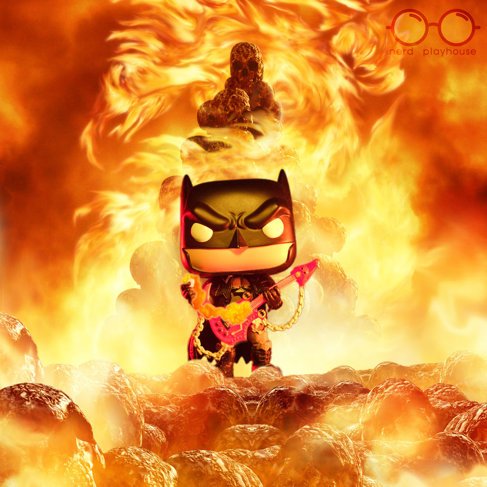 Creative toy photography of Funko POP Death Metal Batman standing in a fiery hellscape.