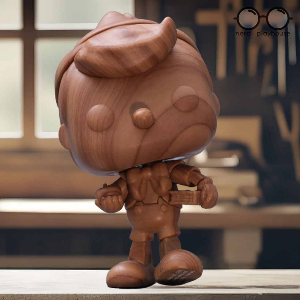 Creative toy photography of Funko POP Wooden Pinocchio in woodworker's shop.