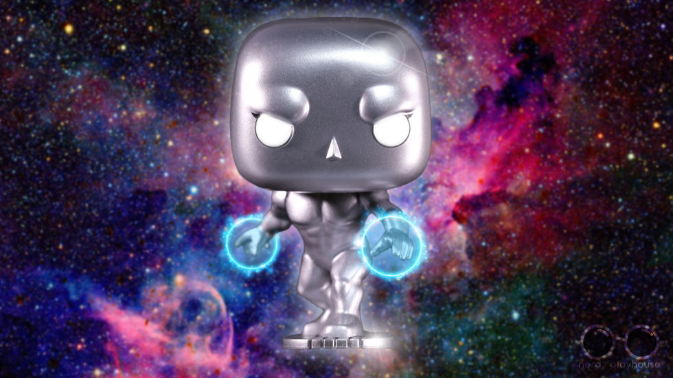 Creative toy photography of Funko POP Silver Surfer racing toward the camera in the middle of space, hands glowing with the Power Cosmic.