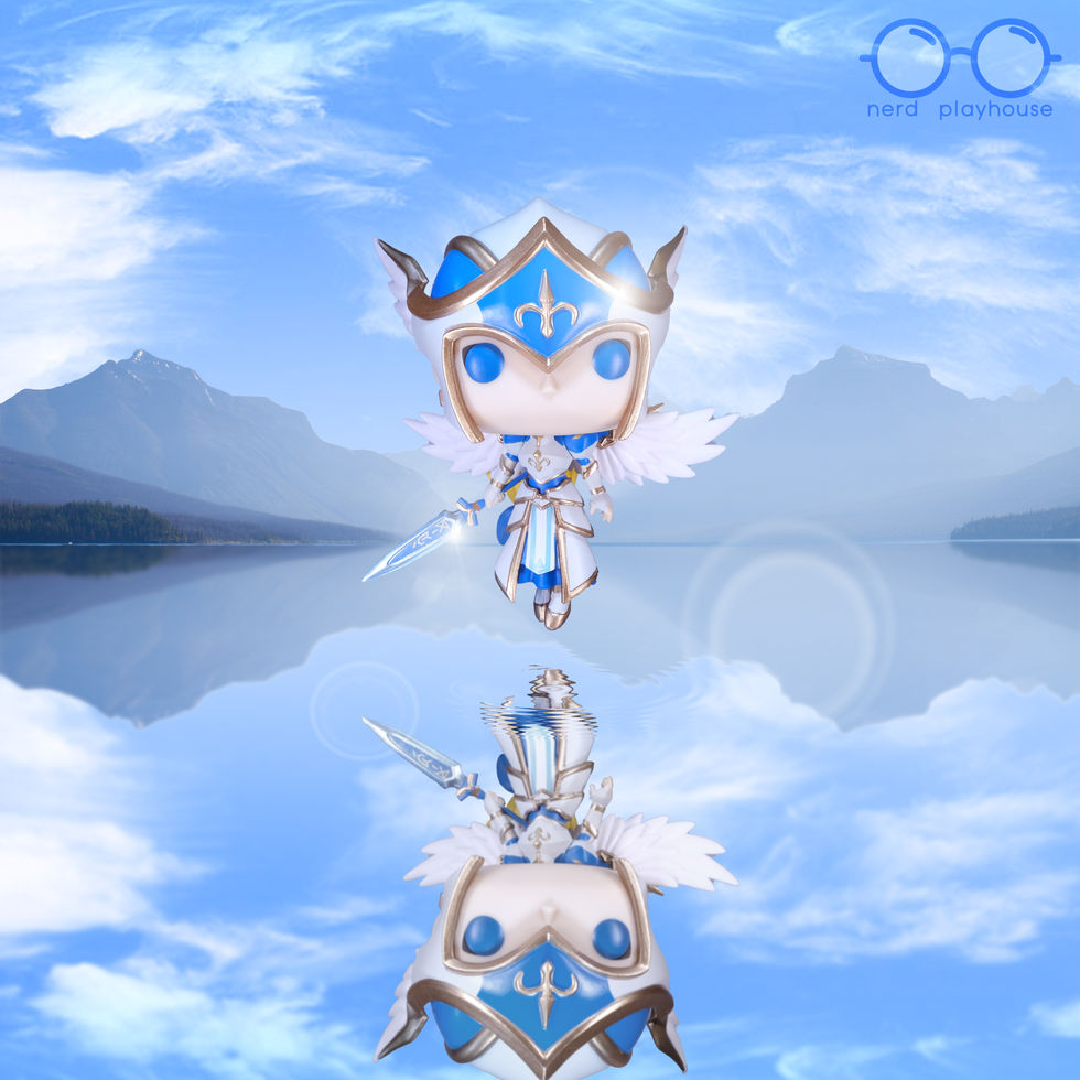 Creative toy photography of Funko POP Camilla floating over a still lake causing a faint ripple in the glassy surface.