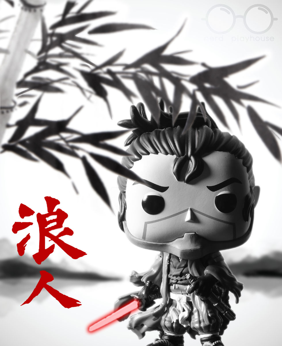 Creative toy photography of Funko POP Ronin from Star Wars Visions animated series.