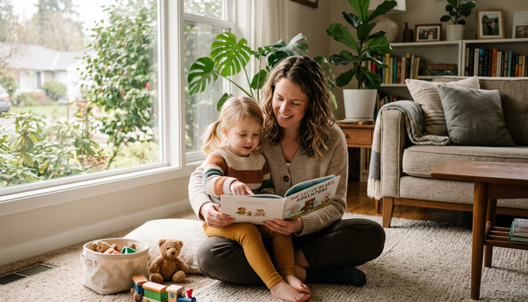 Eye-level view of a parent reading with a child on a living room floor