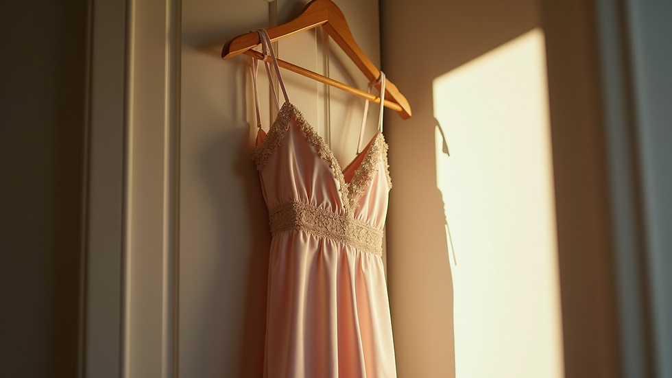 Eye-level view of a silk nightgown on a wooden hanger