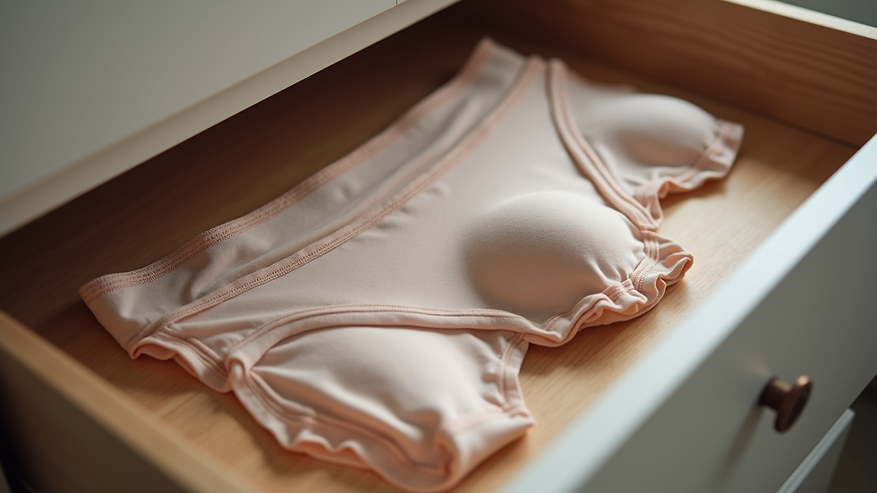 Eye-level view of a neatly arranged lingerie drawer featuring tummy control briefs