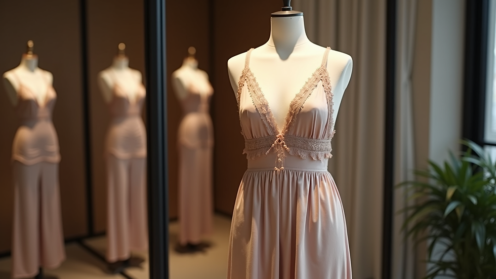 Eye-level view of a luxury nightwear set displayed on a mannequin